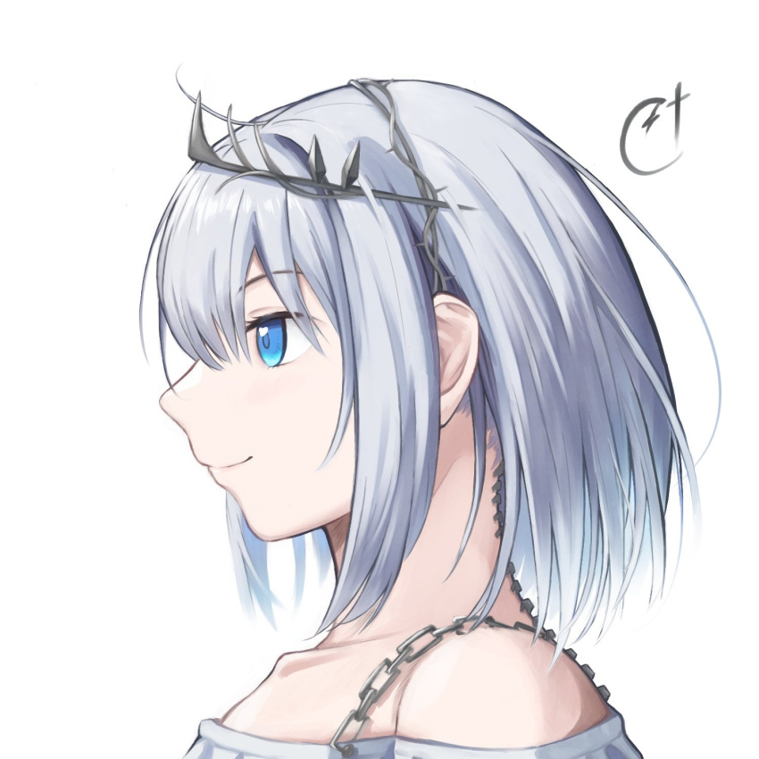 1girl blue_eyes citrus7763 collarbone grey_hair hairband highres off-shoulder_shirt off_shoulder original shirt short_hair simple_background smile solo tiara white_background white_shirt