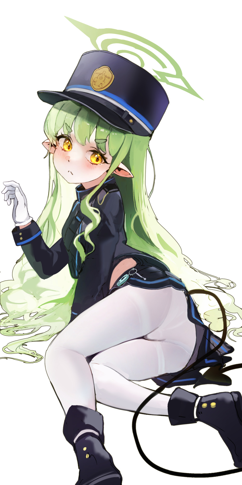 1girl absurdres arm_support ass black_jacket black_skirt blue_archive blush boots curly_hair demon_girl demon_tail frown full_body gloves green_hair green_halo hair_between_eyes halo hand_up hat highres hikari_(blue_archive) jacket long_hair looking_at_viewer looking_back lying mamo_(user_jjca7524) midriff_peek miniskirt on_side panties panties_under_pantyhose pantyhose pleated_skirt skirt solo tail tears thighs underwear upskirt very_long_hair white_gloves yellow_eyes