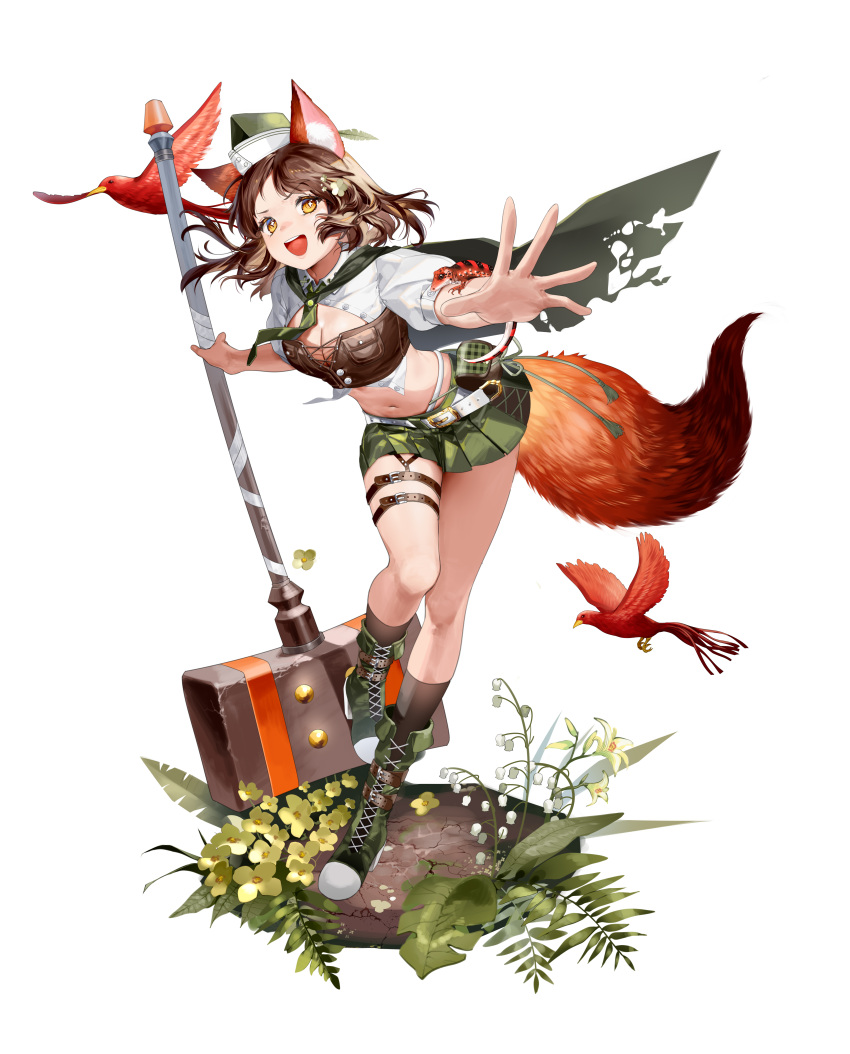 +_+ 1girl :d absurdres animal_ear_fluff animal_ears animal_on_arm belt belt_pouch bird black_socks bodice boots breasts bright_pupils brown_belt brown_hair button_gap cape cleavage cropped_shirt cross-laced_footwear faux_figurine floating_hair flower fold-over_boots foot_up fox_ears fox_girl fox_tail full_body garrison_cap green_cape green_hat green_skirt grey_footwear hair_flower hair_ornament hammer hat highres holding holding_hammer huge_weapon kelezi knee_boots kneehighs lace-up_boots leaning_forward lily_of_the_valley lizard looking_at_viewer medium_breasts medium_hair miniskirt navel open_hand orange_eyes orange_tail original outstretched_arm outstretched_hand partially_unbuttoned pleated_skirt pouch puffy_short_sleeves puffy_sleeves red_bird shirt short_sleeves skirt smile socks solo standing standing_on_one_leg stomach tail teeth thigh_belt thigh_strap torn_cape torn_clothes upper_teeth_only v-shaped_eyebrows war_hammer weapon white_background white_belt white_flower white_pupils white_shirt yellow_flower