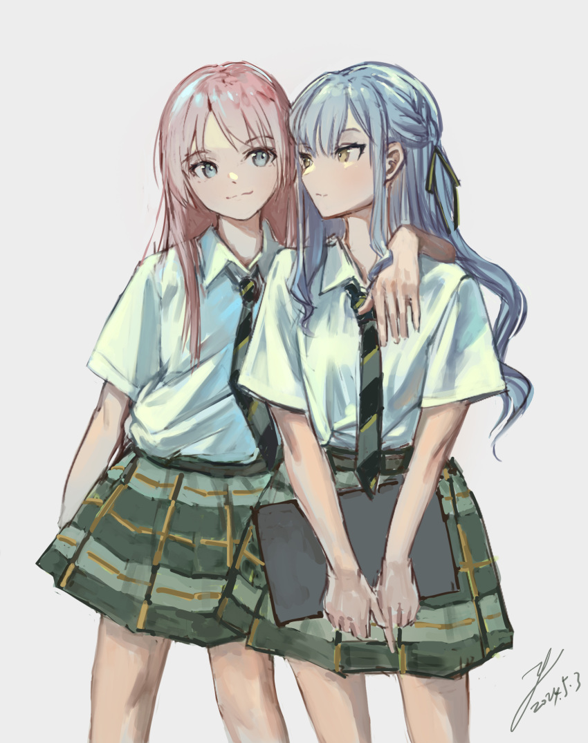 2girls arm_around_shoulder bang_dream! bang_dream!_it's_mygo!!!!! black_ribbon blue_hair chihaya_anon closed_mouth collared_shirt commentary dated green_necktie green_skirt grey_background grey_eyes hair_ribbon haneoka_school_uniform highres holding long_hair multiple_girls necktie pink_hair plaid plaid_skirt pleated_skirt ribbon school_uniform shirt short_sleeves signature simple_background skirt smile striped_necktie togawa_sakiko white_shirt yellow_eyes yolandabaka