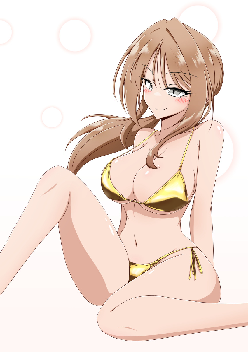 1girl absurdres arm_at_side arm_behind_back armpit_crease assault_lily bare_arms bare_legs bare_shoulders bikini blush breasts brown_background brown_hair cleavage closed_mouth collarbone commentary_request feel_(beniironotori) feet_out_of_frame gold_bikini gradient_background grey_eyes hair_intakes halterneck highres iijima_renka knee_up large_breasts long_hair looking_ahead low_ponytail navel side-tie_bikini_bottom side_ponytail sidelocks sitting smile solo stomach strap_gap string_bikini swimsuit white_background