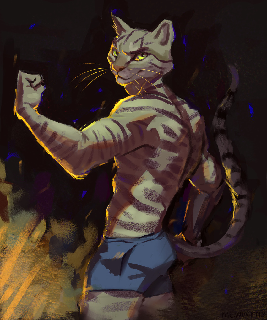 2020 anthro barazoku butt clothed clothing digital_media_(artwork) domestic_cat felid feline felis fur hi_res humanoid_hands looking_at_viewer male mammal mewverns muscular muscular_male naughty_face pinup pose simple_background smile smug solo spine standing topless