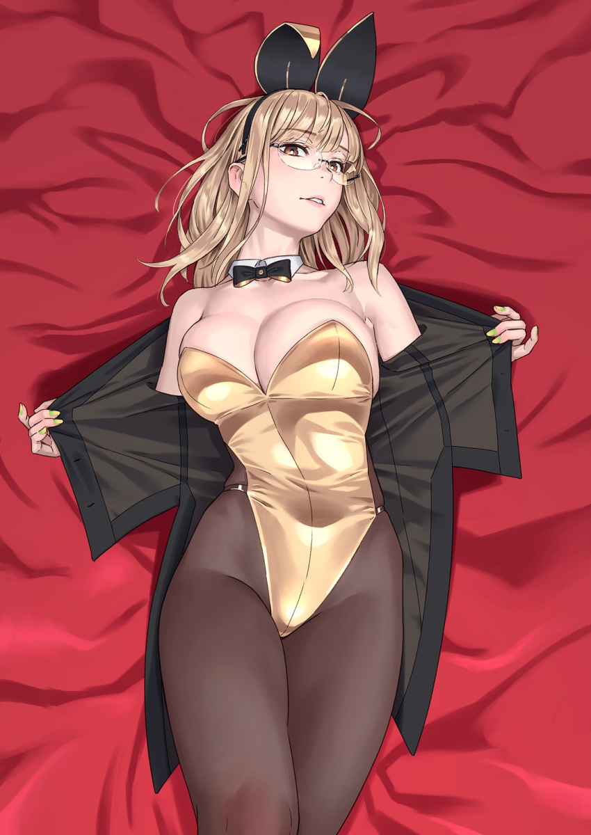 1girl animal_ears bare_shoulders bed_sheet blonde_hair blush bow bowtie breasts brown_eyes commentary_request detached_collar fake_animal_ears glasses gold_leotard gold_trim hairband highleg highleg_leotard highres large_breasts leotard long_hair looking_at_viewer lying off_shoulder on_back open_clothes original pantyhose playboy_bunny rabbit_ears solo strapless strapless_leotard yellow_nails yuuji_(and)