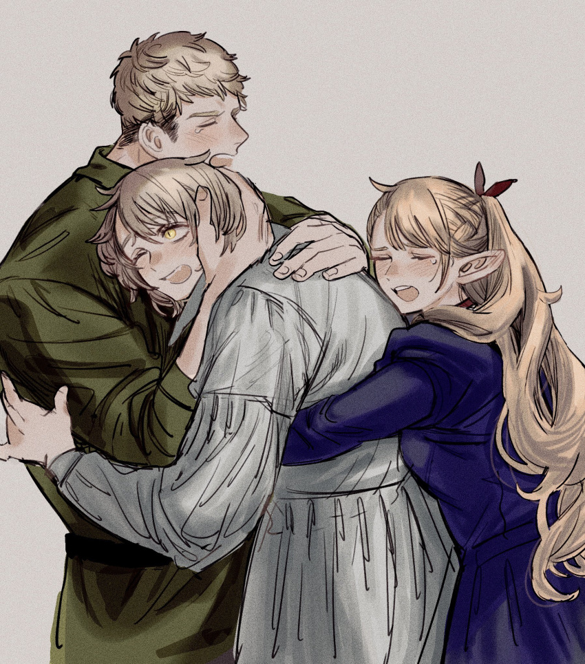 1boy 2girls blonde_hair blue_dress blush boy_and_girl_sandwich brother_and_sister choker closed_eyes commentary_request crying dress dungeon_meshi ear_blush elf falin_touden fang green_shirt grey_background highres hug hug_from_behind laios_touden light_blush light_brown_hair long_hair marcille_donato medium_hair multiple_girls nahnohk one_eye_closed open_mouth pointy_ears ponytail red_choker red_ribbon ribbon sandwiched shirt short_hair siblings slit_pupils spoilers upper_body very_long_hair white_dress yellow_eyes