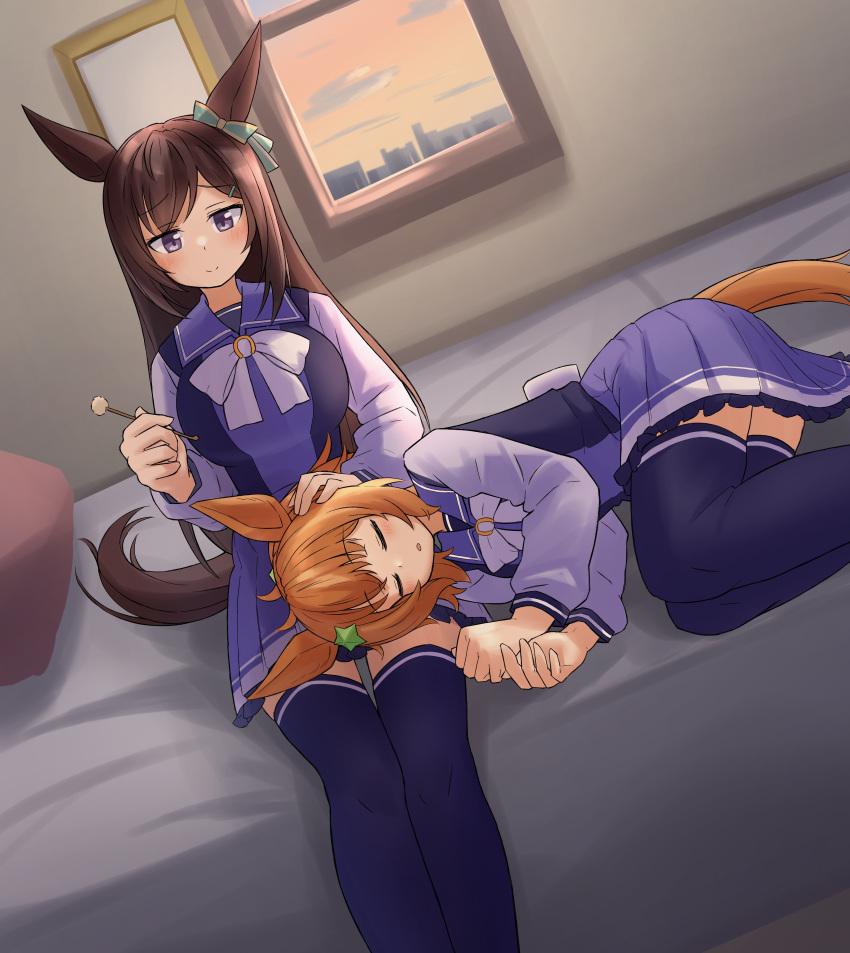 2girls absurdres animal_ears bow bowtie breasts brown_hair dutch_angle ear_bow ear_cleaning hair_ornament highres horse_ears horse_girl horseshoe_ornament large_breasts long_hair long_sleeves lying mejiro_dober_(umamusume) mimikaki multiple_girls pleated_skirt ponytail purple_eyes purple_shirt purple_skirt purple_thighhighs sailor_collar sailor_shirt school_uniform shirt sitting skirt sleeping star_(symbol) star_hair_ornament taiki_shuttle_(umamusume) thighhighs tracen_school_uniform umamusume white_bow white_bowtie yamada_(c57hikaru)