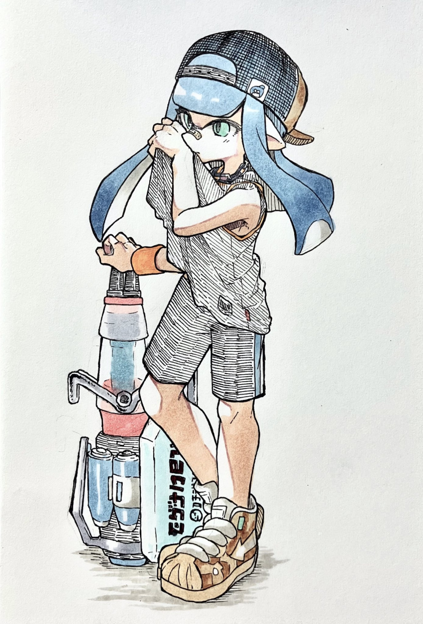 1girl aqua_eyes backwards_hat bandaid bandaid_on_face bandaid_on_nose baseball_cap blue_hair commentary_request full_body gun hat heavy_edit_splatling_(splatoon) highres inkling inkling_girl inkling_player_character long_hair minamo_(trr) pointy_ears shoes shorts simple_background solo splatoon_(series) splatoon_3 standing tentacle_hair traditional_media weapon white_background