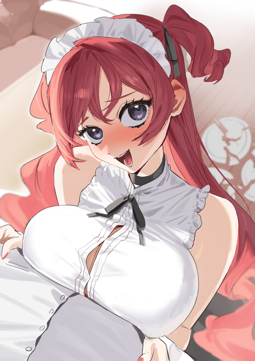 1boy 1girl 2l_(2lsize) anemone_(2l) bare_shoulders black_ribbon blush breast_press breasts broken_plate grey_eyes hair_ribbon highres kneeling large_breasts long_hair looking_at_viewer maid maid_headdress neck_ribbon open_mouth original plate pov red_hair ribbon shirt sleeveless sleeveless_shirt smile solo_focus two_side_up upper_body variant_set white_shirt