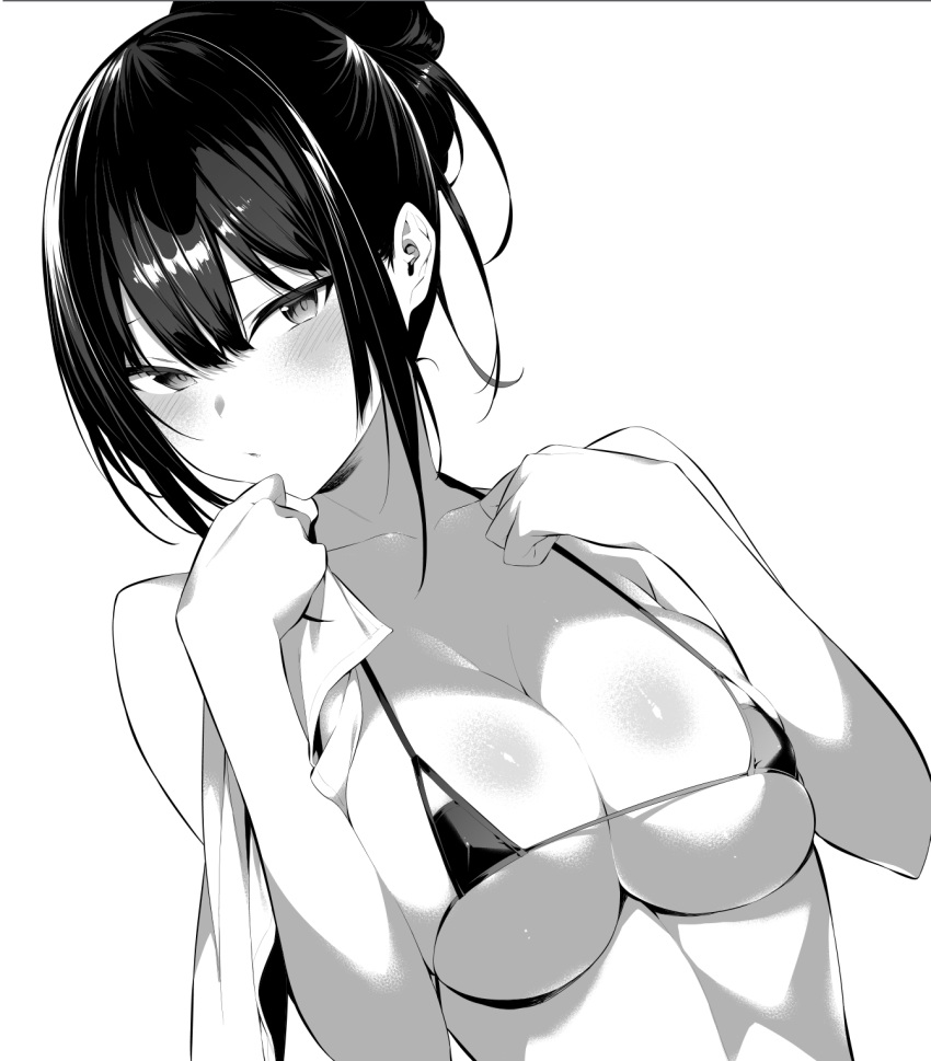 1girl alternate_hairstyle blush breasts cleavage greyscale hair_between_eyes hair_bun haitekudasai_takamine-san highres hiiragi_yuuichi large_breasts looking_at_viewer micro_bikini_top monochrome solo string_bikini takamine_takane upper_body