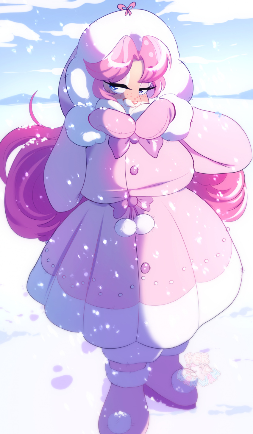 2023 absurd_res alternative_fashion anthro big_breasts boots breasts clothed clothing dress female ferwanwan footwear hair handwear hi_res j-fashion lagomorph leporid lidded_eyes lolita_(fashion) mammal mittens outside pink_hair rabbit slightly_chubby slightly_chubby_female smile snow snowing solo sweet_lolita watermark