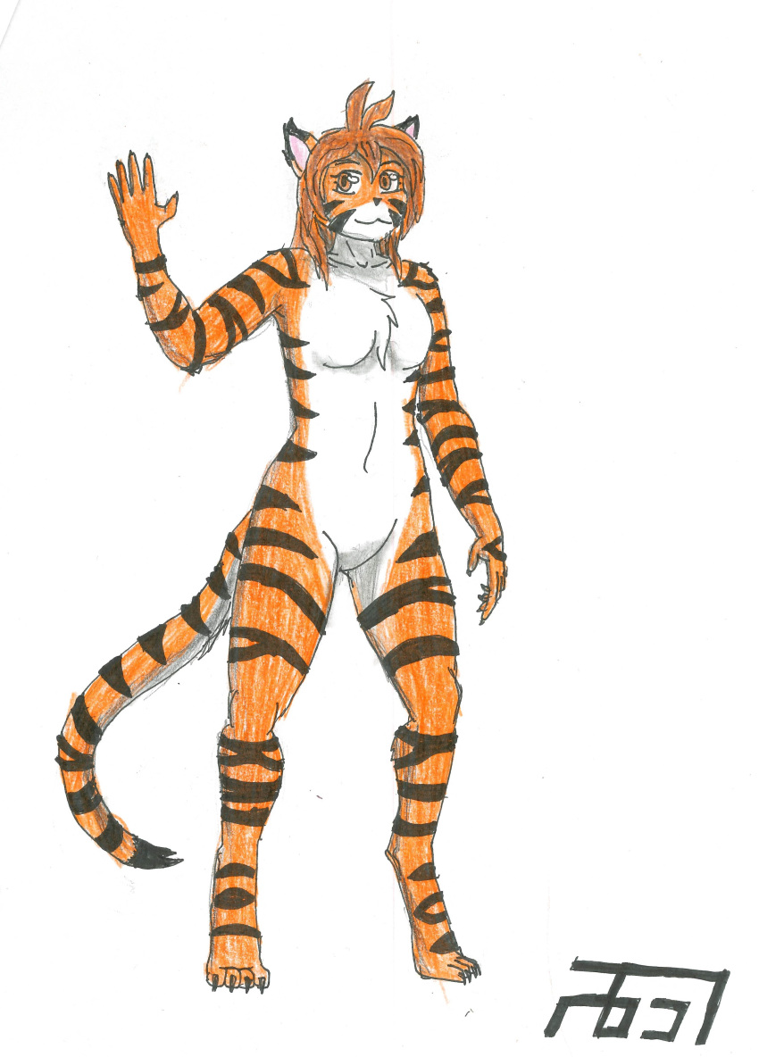 absurd_res animal_humanoid breasts chest_tuft colored_pencil_(artwork) featureless_breasts featureless_crotch felid female flora_(twokinds) frenzy657 gesture hi_res humanoid keidran mammal nude pantherine solo tiger traditional_media_(artwork) tuft twokinds waving