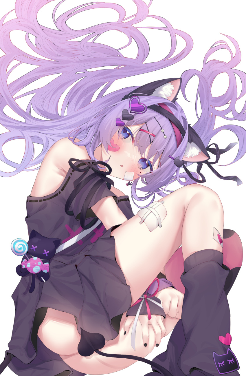 1girl :o animal_ear_fluff animal_ears bare_shoulders between_legs black_hairband black_ribbon black_shirt black_skirt blush candy cat_ears demon_tail eip_(pepai) food gauze hair_ornament hair_ribbon hairband hairclip hand_between_legs heart heart_hair_ornament highres kneehighs lollipop long_hair looking_at_viewer lying nail_polish off-shoulder_shirt off_shoulder on_side original pleated_skirt purple_eyes purple_hair purple_hairband purple_nails ribbon shirt simple_background skirt socks solo stuffed_animal stuffed_cat stuffed_toy tail very_long_hair white_background x_hair_ornament