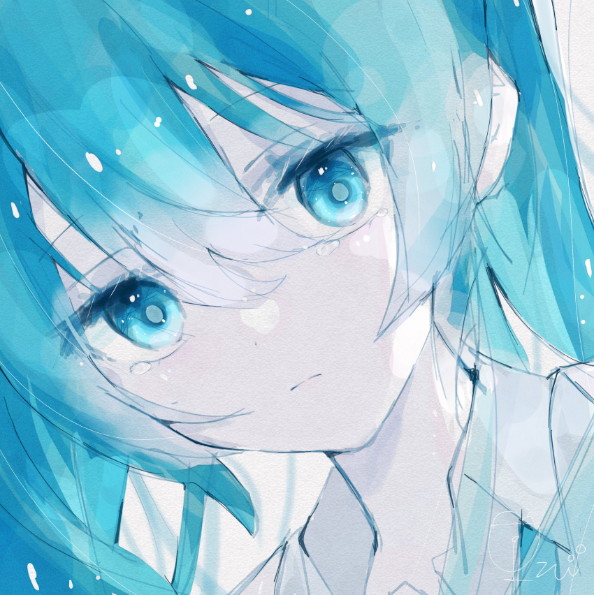 1girl absurdres aqua_bow aqua_bowtie aqua_eyes aqua_hair blue_eyes blue_theme bow bowtie close-up closed_mouth collared_shirt commentary_request dot_nose hair_between_eyes hatsune_miku highres izu_(izu_16016) long_hair looking_at_viewer necktie pale_skin portrait shirt sidelocks simple_background solo tears twintails vocaloid white_background white_shirt