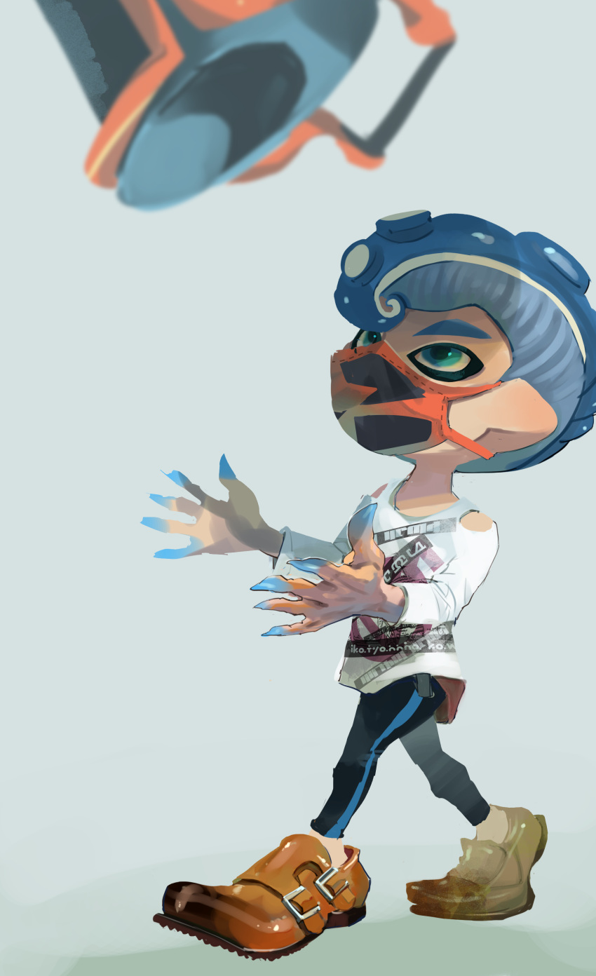 1boy absurdres aqua_eyes black_leggings blue_hair blue_skin brown_footwear bucket clothing_cutout colored_skin gradient_skin highres koike3582 leggings long_sleeves looking_up mask mohawk mouth_mask multicolored_skin octoling octoling_boy octoling_player_character shirt shoes short_hair shoulder_cutout single_vertical_stripe slosher_(splatoon) solo splatoon_(series) suction_cups tentacle_hair two-tone_skin white_shirt