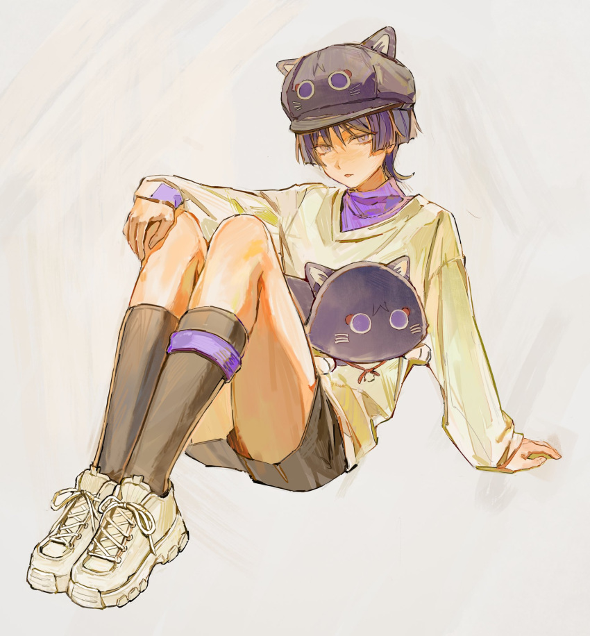 1boy animal_hat black_hat black_shorts black_socks full_body genshin_impact grey_background hair_between_eyes hat highres kneehighs lic_617 long_sleeves looking_at_viewer male_focus purple_eyes purple_hair scaramouche_(cat)_(genshin_impact) scaramouche_(genshin_impact) shoes shorts simple_background sitting sleeves_past_wrists sneakers socks solo stuffed_animal stuffed_cat stuffed_toy tongue tongue_out white_footwear