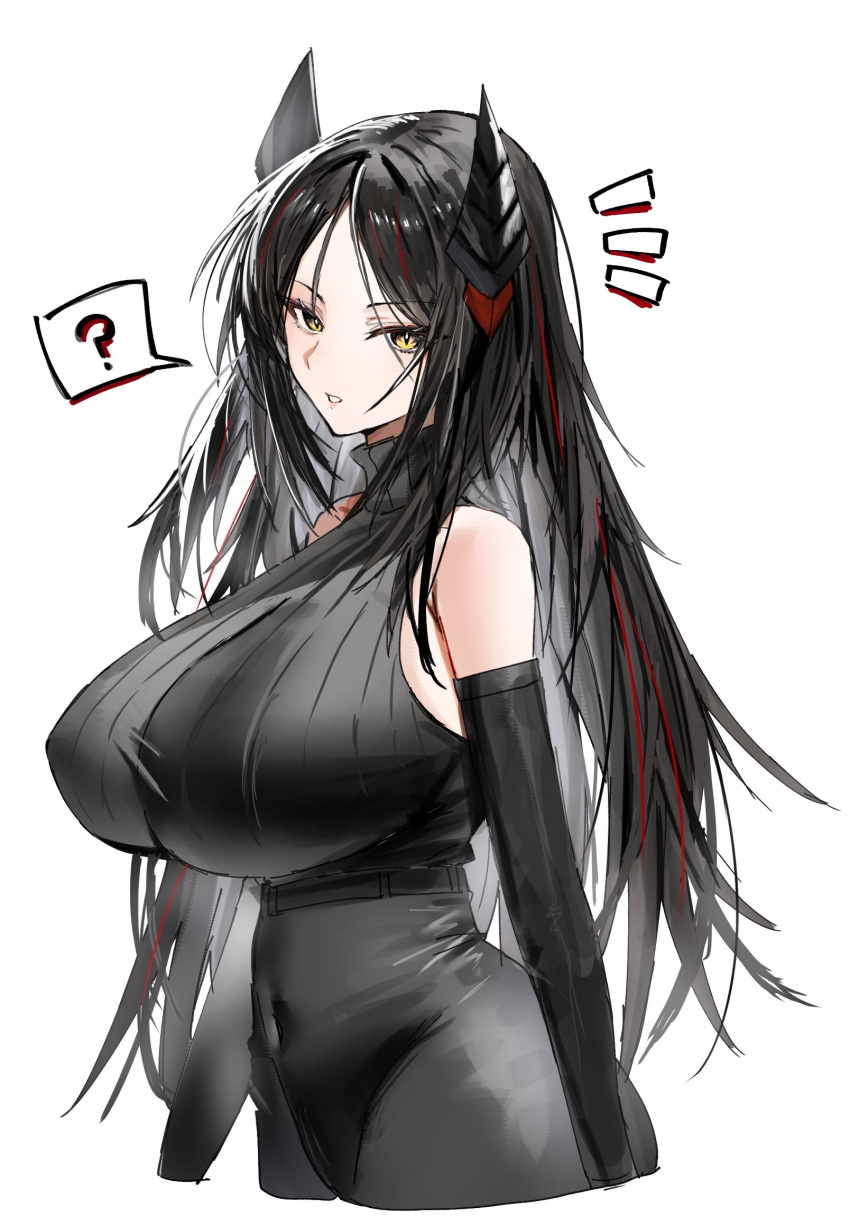 1girl ? arknights bare_shoulders black_gloves black_hair breasts commentary covered_navel elbow_gloves gloves highres horn/wood horns huge_breasts ines_(arknights) long_hair looking_at_viewer solo spoken_question_mark upper_body very_long_hair yellow_eyes