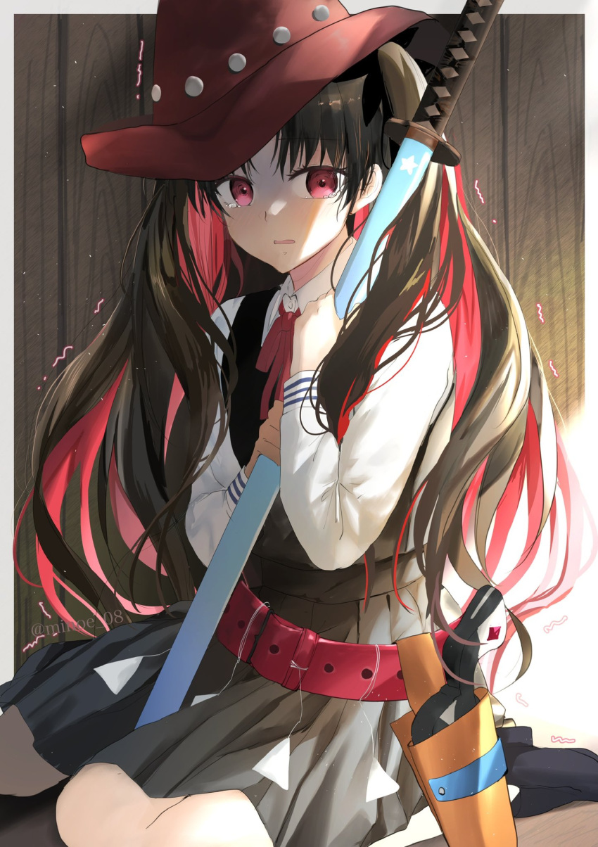 1girl aged_down belt black_hair black_vest blush breasts collared_shirt colored_inner_hair cowboy_hat fate/grand_order fate_(series) full_body hat highres holding holding_toy holster ishtar_(fate) long_hair long_sleeves looking_at_viewer minoe08 multicolored_hair official_alternate_costume parted_bangs parted_lips pleated_skirt red_eyes red_hair ribbon shirt sitting skirt small_breasts solo space_ishtar_(fate) tearing_up tears toy toy_gun toy_sword trembling twitter_username two-tone_hair two_side_up very_long_hair vest wariza white_background white_shirt