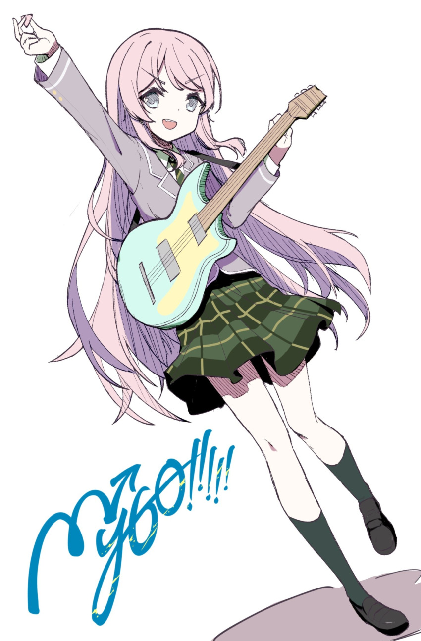 1girl bang_dream! bang_dream!_it's_mygo!!!!! black_footwear blazer chihaya_anon collared_shirt commentary copyright_name diagonal-striped_clothes diagonal-striped_necktie dress_shirt fang full_body green_necktie green_socks grey_eyes grey_jacket guitar haneoka_school_uniform highres holding holding_guitar holding_instrument holding_plectrum instrument jacket kneehighs loafers long_hair long_sleeves necktie open_mouth pink_hair plectrum school_uniform shirt shoes simple_background socks solo striped_clothes symbol-only_commentary teeth upper_teeth_only very_long_hair white_background white_shirt yu7aka