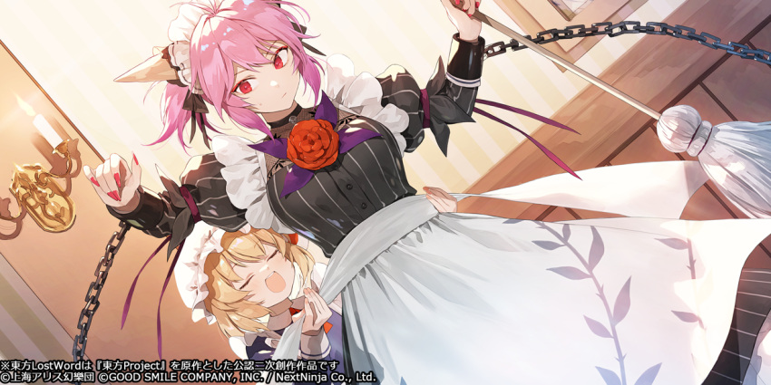 2girls alternate_costume apron black_dress blonde_hair blue_dress chain cuffs dress fingernails flower hair_ribbon horns ibaraki_douji's_arm maid maid_apron maid_headdress mop multiple_girls official_art okeno_kamoku open_mouth pink_eyes pink_hair red_flower red_ribbon red_rose ribbon rose rumia shackles short_hair smile touhou touhou_lostword white_apron