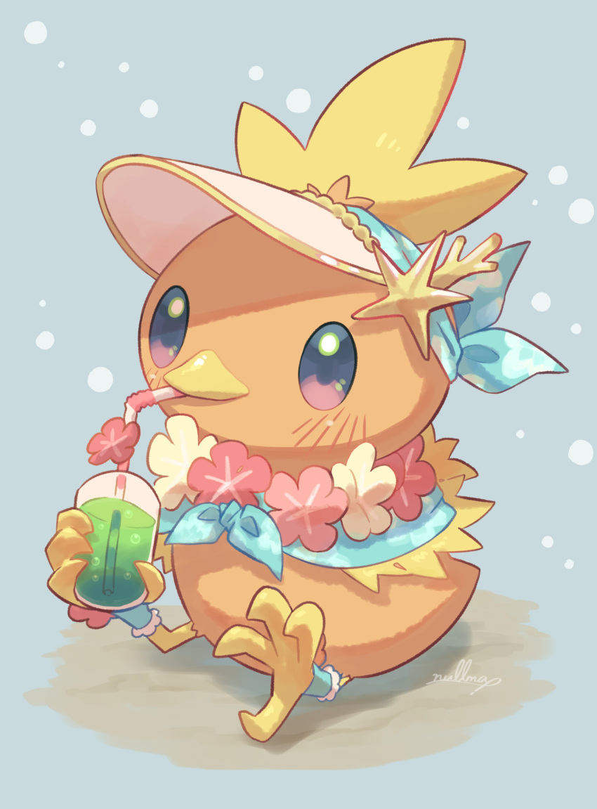 absurdres beak bird blush chick cup drinking_straw final_fantasy final_fantasy_vii final_fantasy_vii_rebirth final_fantasy_vii_remake flower flower_necklace full_body highres nullma orange_feathers pokemon pokemon_(creature) signature solo talons torchic visor_cap white_hair