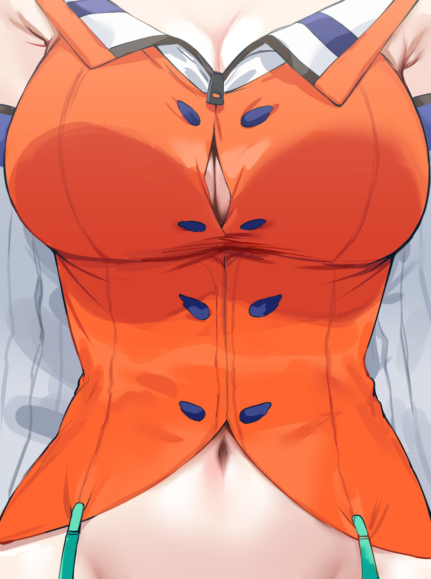 1girl armpit_crease arms_at_sides breasts button_gap cleavage close-up collared_shirt crop_top facing_viewer head_out_of_frame hews highres hololive hololive_english large_breasts navel orange_shirt shirt solo suspenders tagme takanashi_kiara virtual_youtuber white_sleeves zipper_pull_tab
