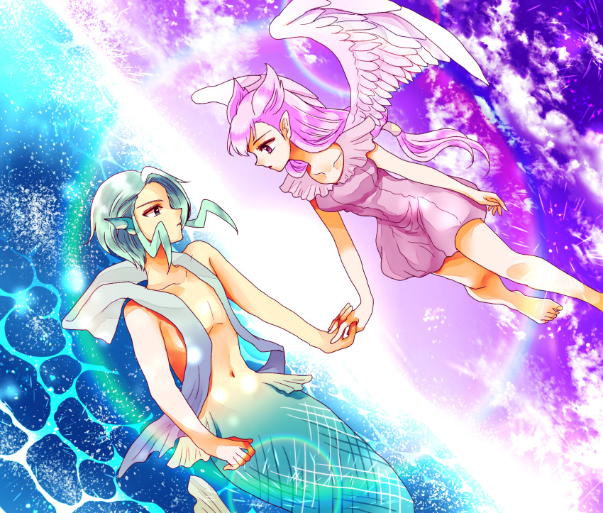 1boy 1girl angel_wings barefoot blue_eyes chest cloud cloudy_sky couple day dress eye_contact flying hetero hibikileon highres long_hair looking_at_another merman mikuri_(pokemon) monster_boy nagi_(pokemon) pink_dress pink_hair pokemon pokemon_special purple_sky shirtless short_dress sky water wings