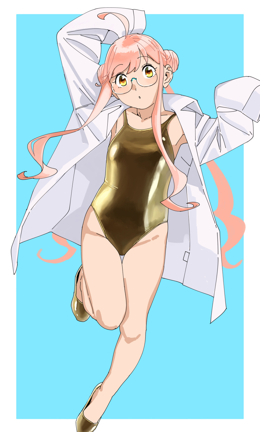 1girl absurdres ahoge aqua-framed_eyewear aqua_background breasts coat collarbone double_bun full_body glasses gold_one-piece_swimsuit gold_shoes hair_bun highres kantai_collection lab_coat long_hair looking_at_viewer makigumo_(kancolle) ojipon one-piece_swimsuit pink_hair sleeves_past_fingers sleeves_past_wrists small_breasts solo swimsuit twintails white_coat yellow_eyes