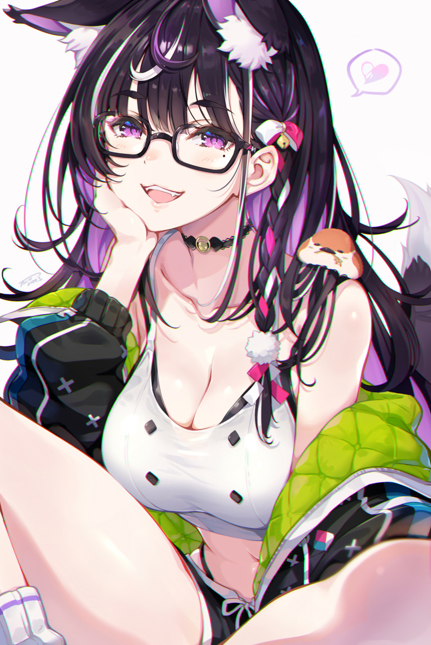 1girl absurdres animal_ears animal_on_shoulder bare_shoulders bird bird_on_shoulder black_bra black_choker black_hair bra breasts butterfly_sitting choker chromatic_aberration colored_inner_hair cropped_shirt glasses hair_ornament hair_ribbon hairclip hand_on_another's_shoulder heart high-waist_panties highres jacket jacket_partially_removed large_breasts long_hair loose_socks mole mole_under_eye multicolored_hair navel off_shoulder open_mouth original purple_eyes purple_hair ribbon see-through shirt short_shorts shorts simple_background sitting sleeveless sleeveless_shirt smile socks spoken_heart tel-o two-tone_hair underwear white_background wolf_girl