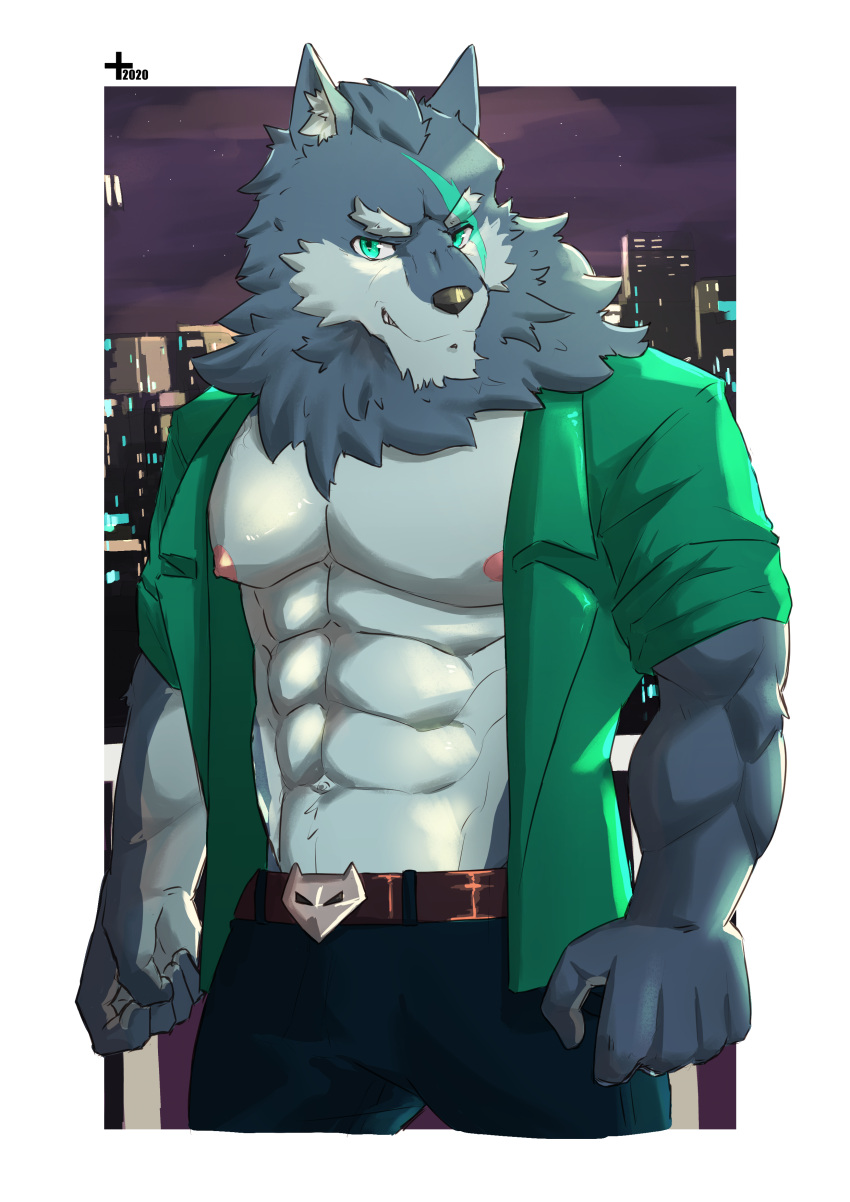 5_fingers abs absurd_res anthro ardolf areola biped canid canine canis countershade_arms countershade_face countershade_fur countershade_torso countershading eye_scar eyebrows facial_scar fingers fur grey_body grey_fur hi_res male mammal monsterplus muscular muscular_anthro muscular_male nipples pecs scar solo wolf