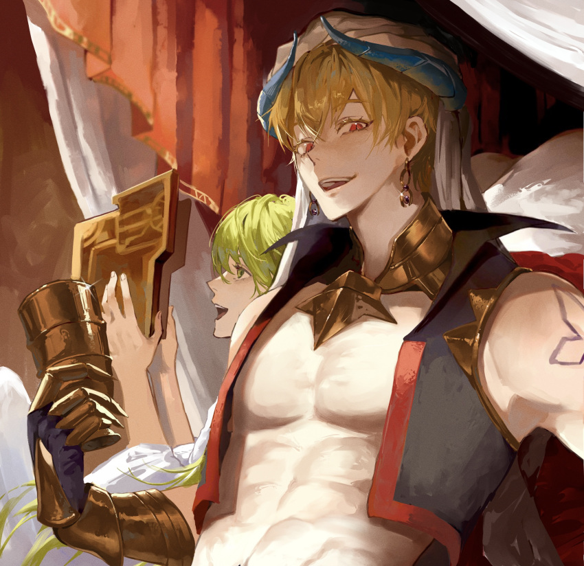 1boy 1other abs arabian_clothes bare_pectorals blonde_hair claw_ring collar cropped_vest cup earrings enkidu_(fate) fate/grand_order fate_(series) gilgamesh_(caster)_(fate) gilgamesh_(fate) green_hair hair_between_eyes highres holding holding_cup jewelry long_hair looking_at_viewer male_focus metal_collar no_nipples open_mouth pectorals reading red_eyes short_hair shoulder_tattoo tattoo teeth turban upper_body upper_teeth_only vambraces vest zuraa_(naunau_seijin)