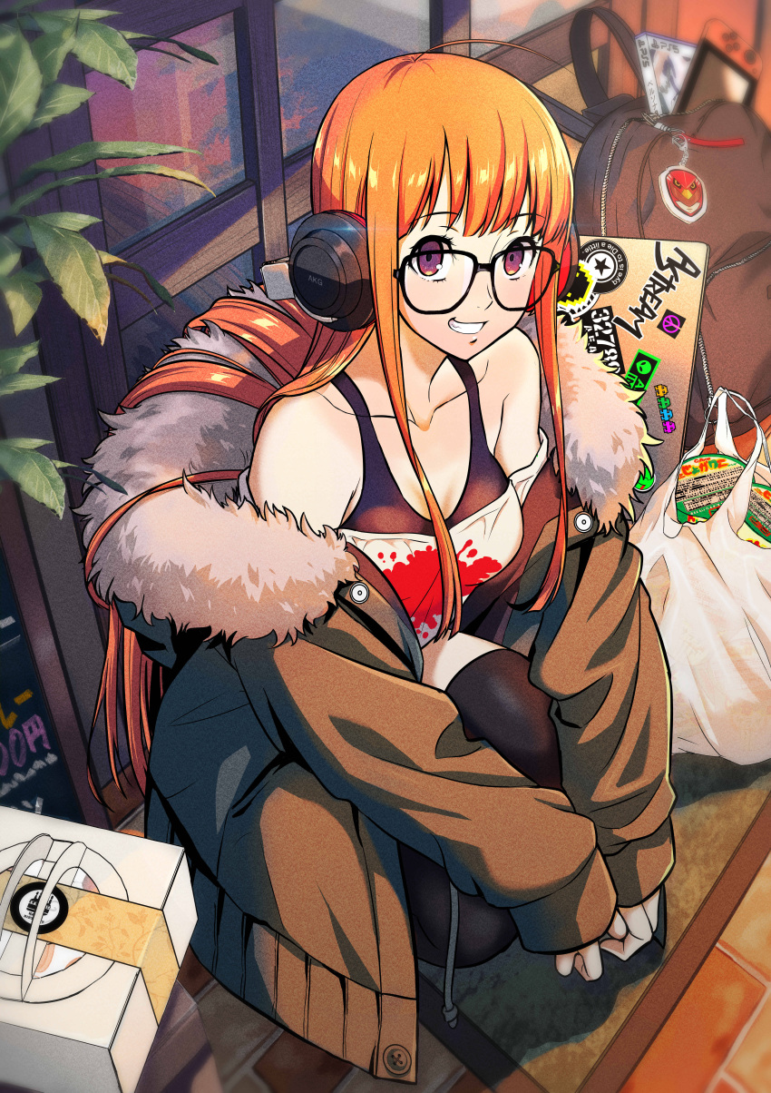 1girl absurdres ahoge backpack bag behind-the-head_headphones black_thighhighs box breasts cake collarbone computer food full_body fur-trimmed_jacket fur_trim glasses green_jacket grin headphones highres ito_(daisukidanchi) jacket laptop leaf long_hair looking_at_viewer nintendo_switch off_shoulder orange_hair pastry_box persona persona_5 plastic_bag purple_eyes sakura_futaba shopping_bag small_breasts smile solo squatting tank_top teeth thighhighs very_long_hair