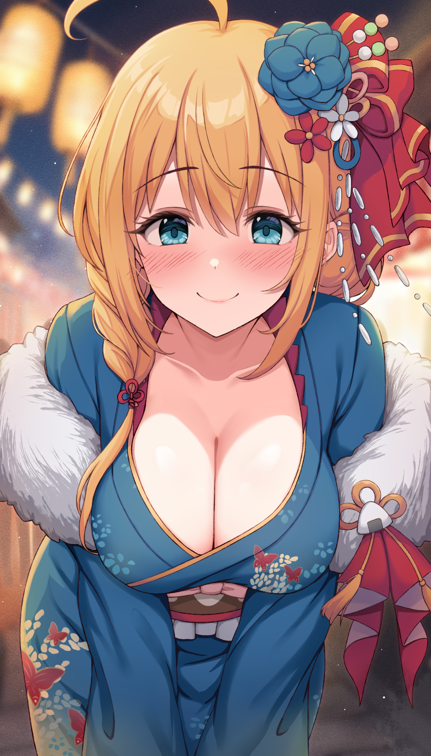 1girl absurdres ahoge bent_over blue_eyes blue_kimono blurry blurry_background blush breasts cleavage collarbone commentary_request hair_ornament highres japanese_clothes kimono large_breasts long_sleeves looking_at_viewer myuu_(arisumeria) orange_hair outdoors pecorine_(new_year)_(princess_connect!) pecorine_(princess_connect!) princess_connect! smile solo