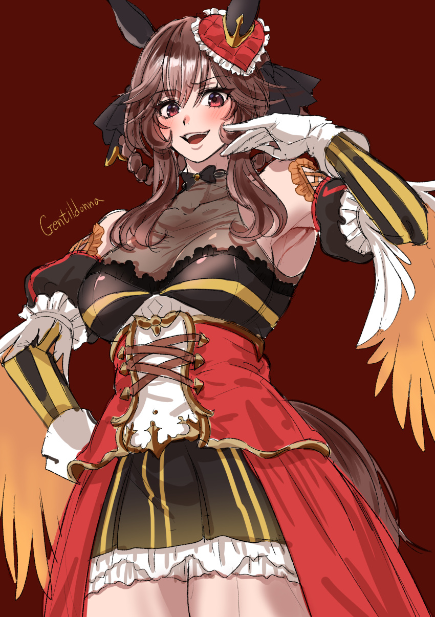 1girl absurdres animal_ears breasts brown_hair cleavage cowboy_shot detached_sleeves dress ear_covers gentildonna_(umamusume) gloves heart_ear_ornament highres horse_ears horse_girl horse_tail kuya_(hey36253625) looking_at_viewer open_mouth red_background red_dress red_eyes smile solo tail umamusume white_gloves