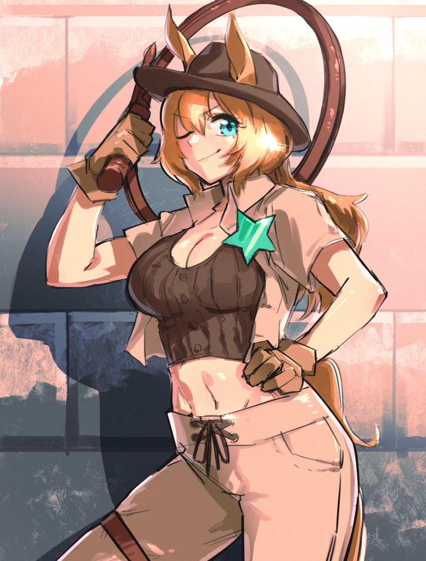 1girl ;) animal_ears blue_eyes breasts brown_gloves brown_hair cleavage cosplay ears_through_headwear fedora from_side gloves hair_between_eyes hair_ornament hat highres holding holding_whip horse_ears horse_girl horse_tail indiana_jones indiana_jones_(cosplay) indiana_jones_(series) jacket large_breasts looking_to_the_side midriff natsunori navel one_eye_closed open_clothes open_jacket pants smile solo star_(symbol) star_hair_ornament taiki_shuttle_(umamusume) tail umamusume