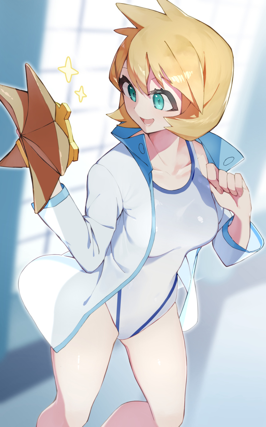 1girl :d breasts commentary_request competition_swimsuit green_eyes highres indoors jacket misty_(pokemon) official_alternate_costume official_alternate_hairstyle one-piece_swimsuit open_clothes open_jacket orange_hair pokemon pokemon_(creature) pokemon_hgss rindoriko shiny_skin short_hair smile staryu swimsuit thighs