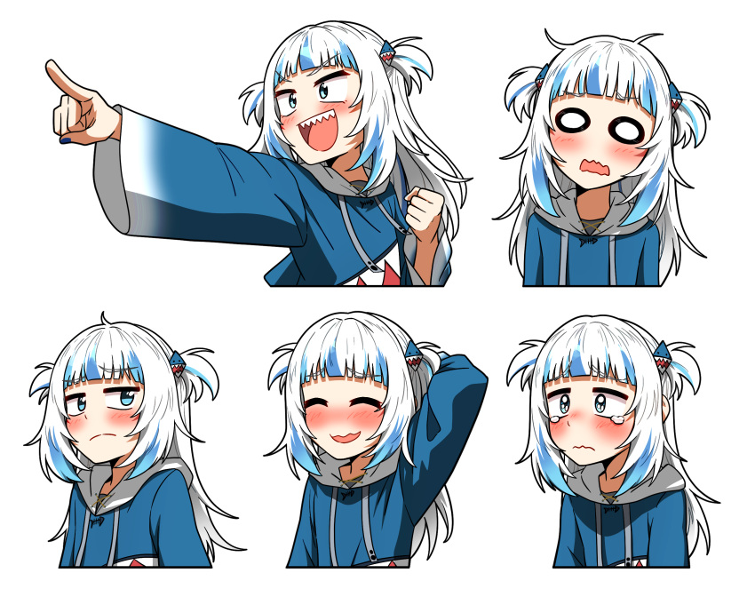 1girl blue_eyes blue_hair blue_hoodie blunt_bangs blush commentary ddolbang expressions gawr_gura gawr_gura_(1st_costume) gradient_sleeves grey_hair highres hololive hololive_english hood hood_down hoodie long_hair long_sleeves messy_hair multicolored_hair multiple_views pointing simple_background streaked_hair tearing_up transparent_background two_side_up virtual_youtuber wavy_mouth wide_oval_eyes wide_sleeves