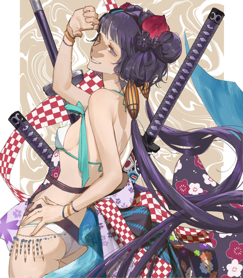 1girl bare_shoulders bikini blue_eyes breasts fate/grand_order fate_(series) floral_print goggles goggles_on_head hair_bun hair_ornament highres japanese_clothes katsushika_hokusai_(fate) katsushika_hokusai_(swimsuit_saber)_(fate) kimono long_hair print_kimono purple_hair sheath single_hair_bun solo swimsuit sword sword_behind_back weapon white_bikini zuraa_(naunau_seijin)