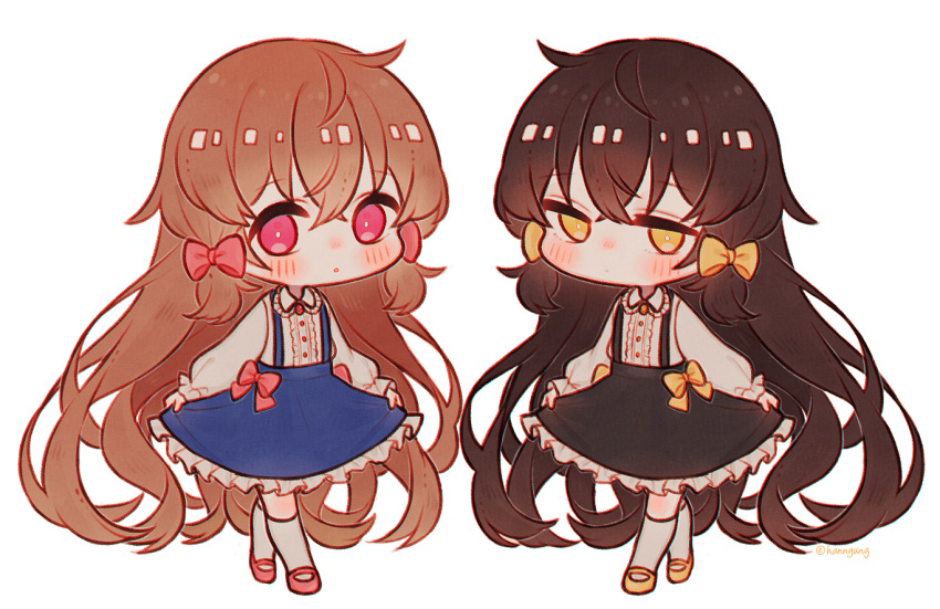 2girls brown_hair dress enjel full_body goldia_die_heilige hn_(artist) long_sleeves multiple_girls pinafore_dress pink_eyes pink_ribbon pocket_mirror ribbon shirt sleeveless sleeveless_dress white_shirt yellow_eyes yellow_ribbon