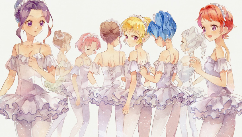 6+girls :d aikatsu! aikatsu!_(series) alternate_hairstyle arisugawa_otome back bad_source ballerina blonde_hair blue_hair brown_hair closed_eyes drill_hair from_behind from_side hair_bun hair_up hoshimiya_ichigo ichinose_kaede kanzaki_mizuki katou_akatsuki kiriya_aoi kitaouji_sakura leotard multiple_girls open_mouth pantyhose profile purple_hair red_hair shibuki_ran sidelocks smile toudou_yurika twin_drills