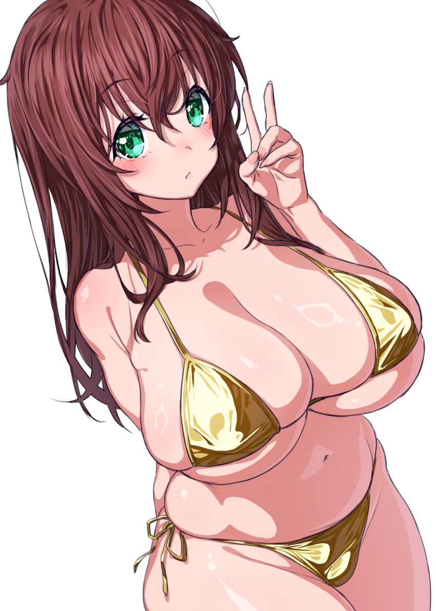 1girl bare_shoulders bikini blush breasts brown_hair cleavage collarbone green_eyes highres large_breasts long_hair looking_at_viewer navel onsoku_inu original skindentation solo swimsuit