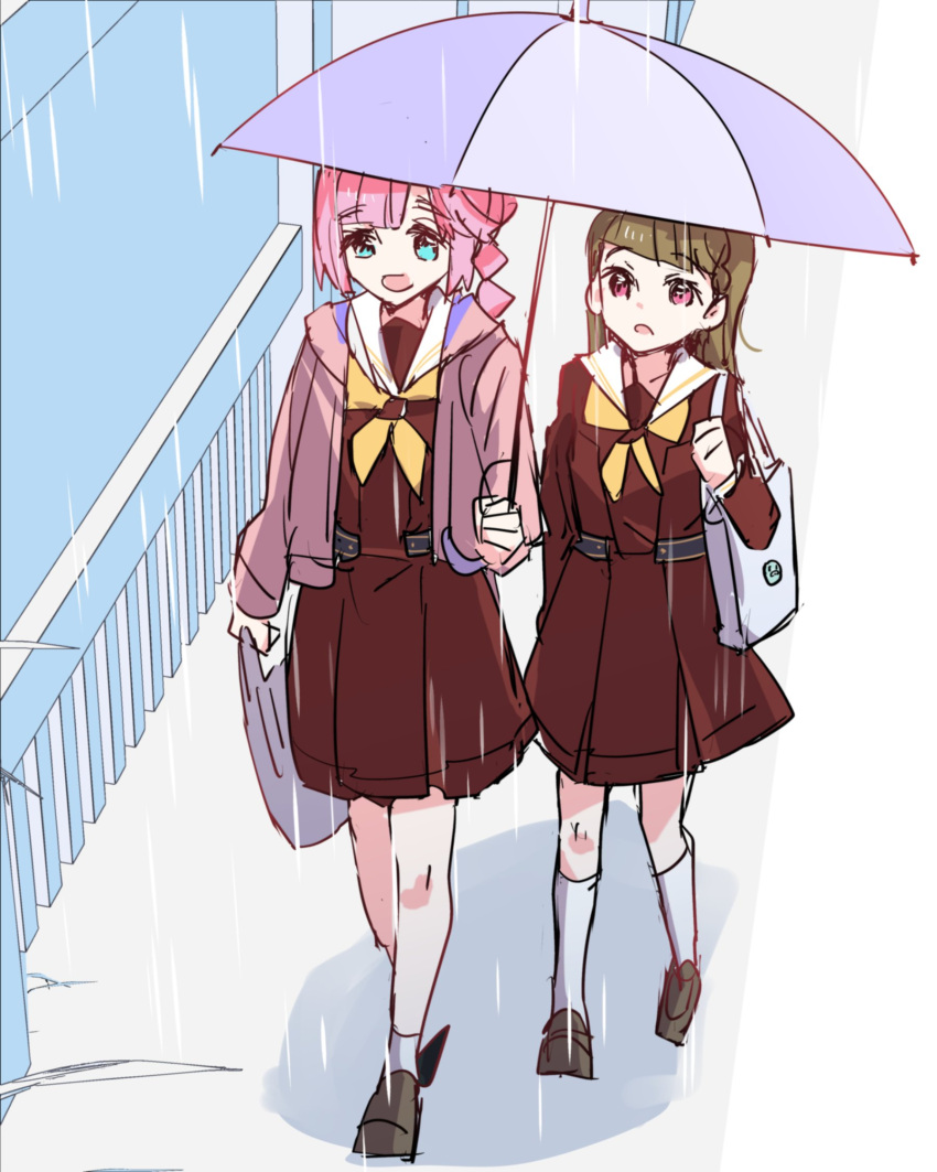 2girls :d anyoji_hime bag blue_eyes blunt_bangs braid brown_dress brown_footwear brown_hair commentary dress full_body hasu_no_sora_school_uniform highres holding holding_bag holding_strap holding_umbrella jacket kachimachi_kosuzu kanduki_kamibukuro link!_like!_love_live! loafers long_hair long_sleeves looking_ahead love_live! medium_dress multi-tied_hair multiple_girls neckerchief open_clothes open_jacket open_mouth pink_eyes pink_hair pink_jacket pleated_dress ponytail purple_umbrella rain sailor_collar sailor_dress school_uniform shared_umbrella shoes shopping_bag side_ahoge side_braids sidelocks smile socks split_mouth straight_hair swept_bangs umbrella virtual_youtuber walking white_bag white_sailor_collar white_socks winter_uniform yellow_neckerchief