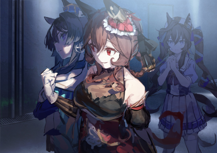3girls absurdres bare_shoulders bow bowtie breasts brown_hair choker cleavage clenched_hand closed_mouth detached_sleeves dress ear_covers ear_ornament gentildonna_(umamusume) gloves hair_ornament hair_rings hat highres interlocked_fingers long_hair looking_at_another medium_breasts multiple_girls own_hands_together parted_lips purple_eyes purple_shirt red_eyes sailor_collar school_uniform shirt short_sleeves skirt sleeveless sleeveless_dress smile standing sweatdrop thighhighs tracen_school_uniform twintails umamusume verxina_(umamusume) vivlos_(umamusume) white_gloves white_skirt white_thighhighs yu_hydra