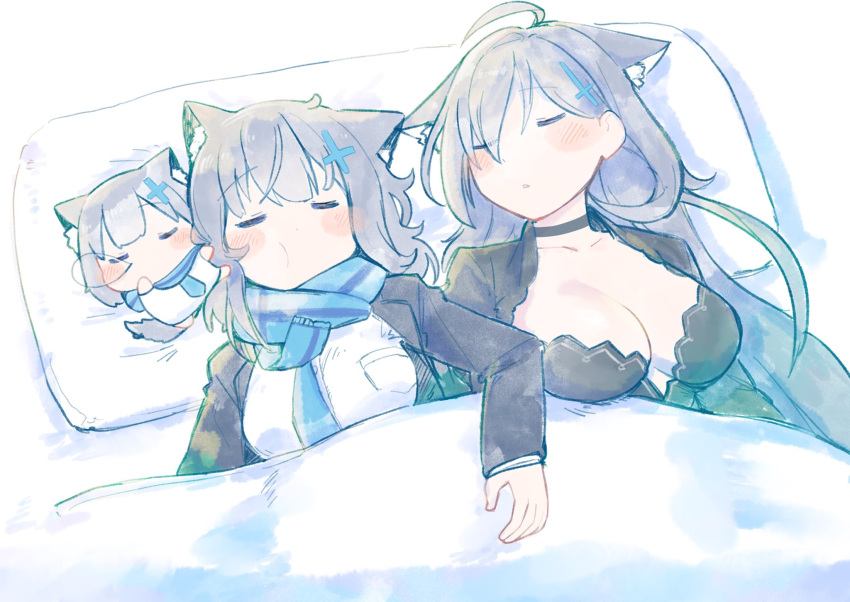 3girls ahoge animal_ear_fluff animal_ears black_choker black_dress blanket blue_archive blue_scarf blush breasts cat_girl chibi choker cleavage closed_eyes closed_mouth cross cross_hair_ornament dress extra_ears grey_hair hair_between_eyes hair_ornament highres inverted_cross large_breasts long_hair lying medium_breasts medium_hair multiple_girls multiple_persona nose_bubble open_mouth pillow scarf shiroko_(blue_archive) shiroko_terror_(blue_archive) shirt simple_background sleeping under_covers urode white_background wolf_ears