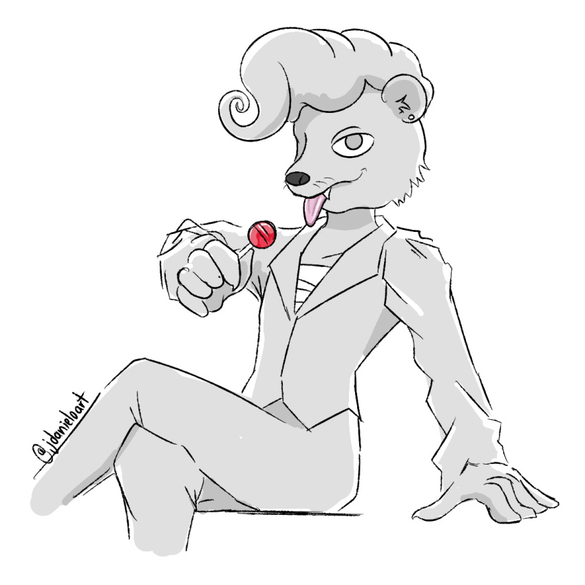 ambiguous_gender animated anthro candy clothing crossed_legs damian_(jdanieloart) dessert food hyrax jdanieloart lollipop looking_at_viewer mammal pompadour solo tongue topwear vest