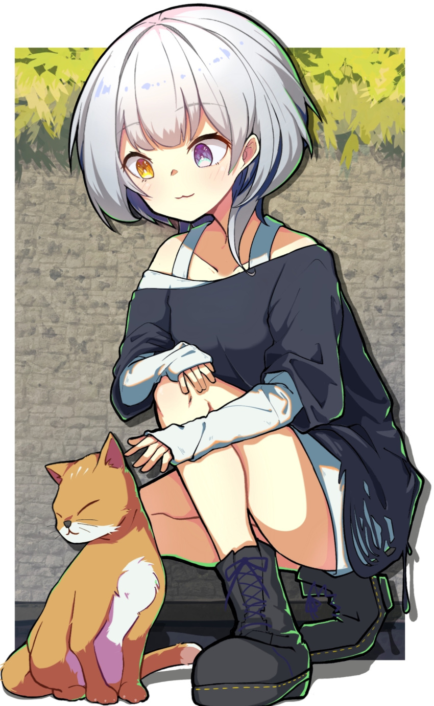 1girl :3 bang_dream! bang_dream!_it's_mygo!!!!! black_footwear black_shirt blush boots border cat closed_mouth commentary heterochromia highres kaname_raana kneeling layered_sleeves long_sleeves off_shoulder outdoors outside_border purple_eyes shirt short_hair short_over_long_sleeves short_sleeves sleeves_past_wrists solo white_border white_hair white_shirt yellow_eyes zhong_xiansheng