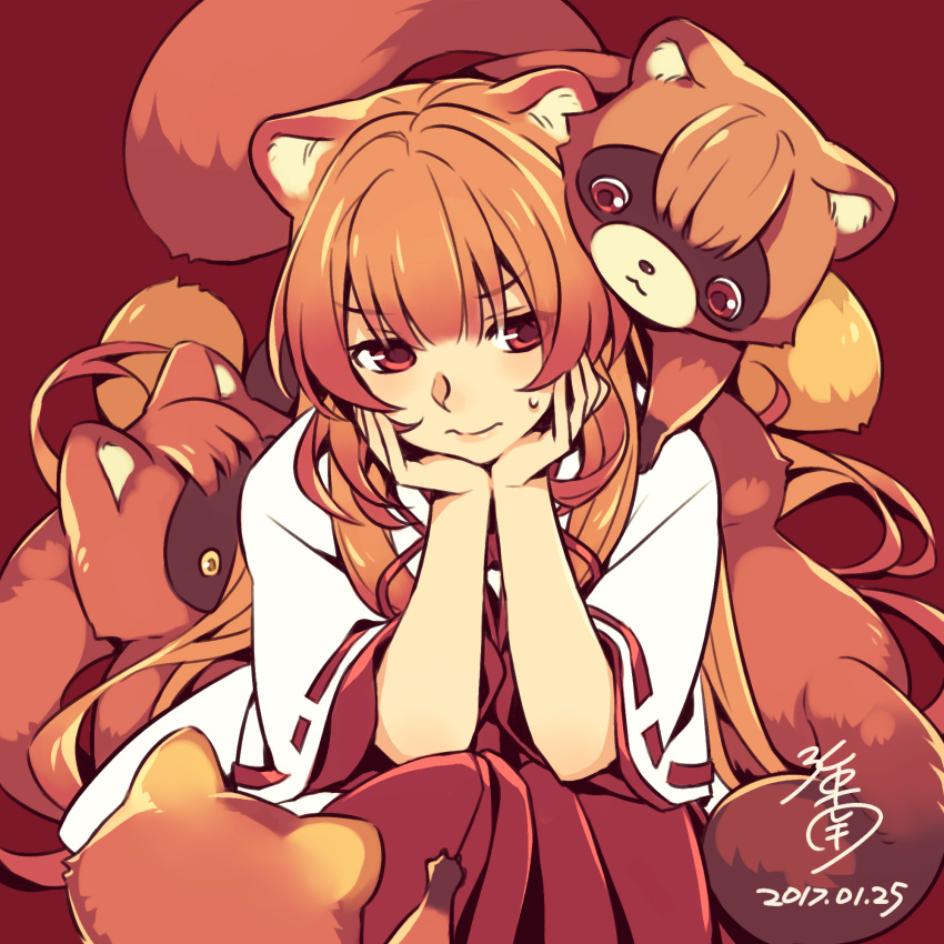 1girl animal_ears closed_mouth commentary_request dated hakama hakama_skirt highres japanese_clothes kimono kosode long_hair miko minami_seira official_alternate_costume orange_hair raccoon_ears raccoon_girl raph-chan raphtalia red_background red_eyes red_hakama red_ribbon ribbon ribbon-trimmed_sleeves ribbon_trim signature simple_background sitting skirt sweatdrop tanuki tate_no_yuusha_no_nariagari white_kimono