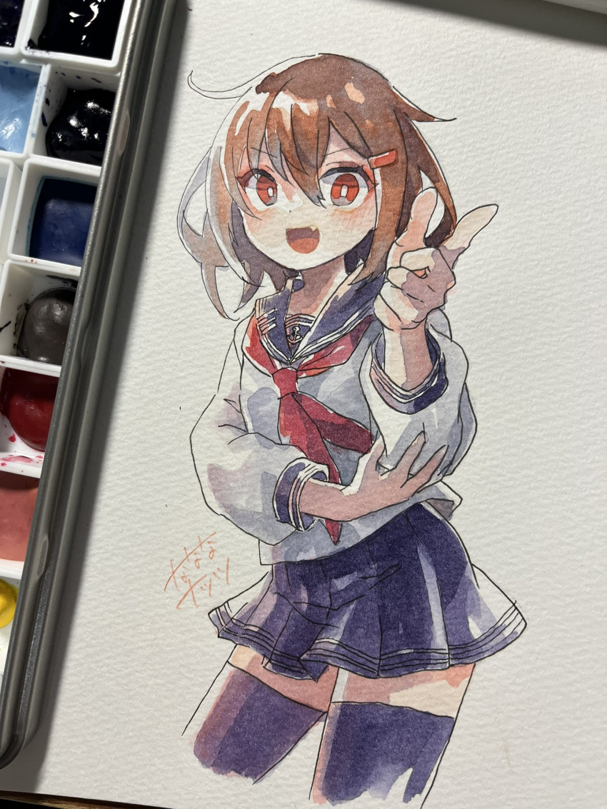 1girl art_tools_in_frame black_thighhighs bright_pupils brown_hair fang hair_ornament hairclip highres ikazuchi_(kancolle) kantai_collection looking_at_viewer miniskirt nanananatsu neckerchief open_mouth painting_(medium) photo_(medium) pleated_skirt pointing pointing_at_viewer red_eyes red_neckerchief school_uniform serafuku short_hair skirt smile solo thighhighs traditional_media watercolor_(medium) white_pupils zettai_ryouiki