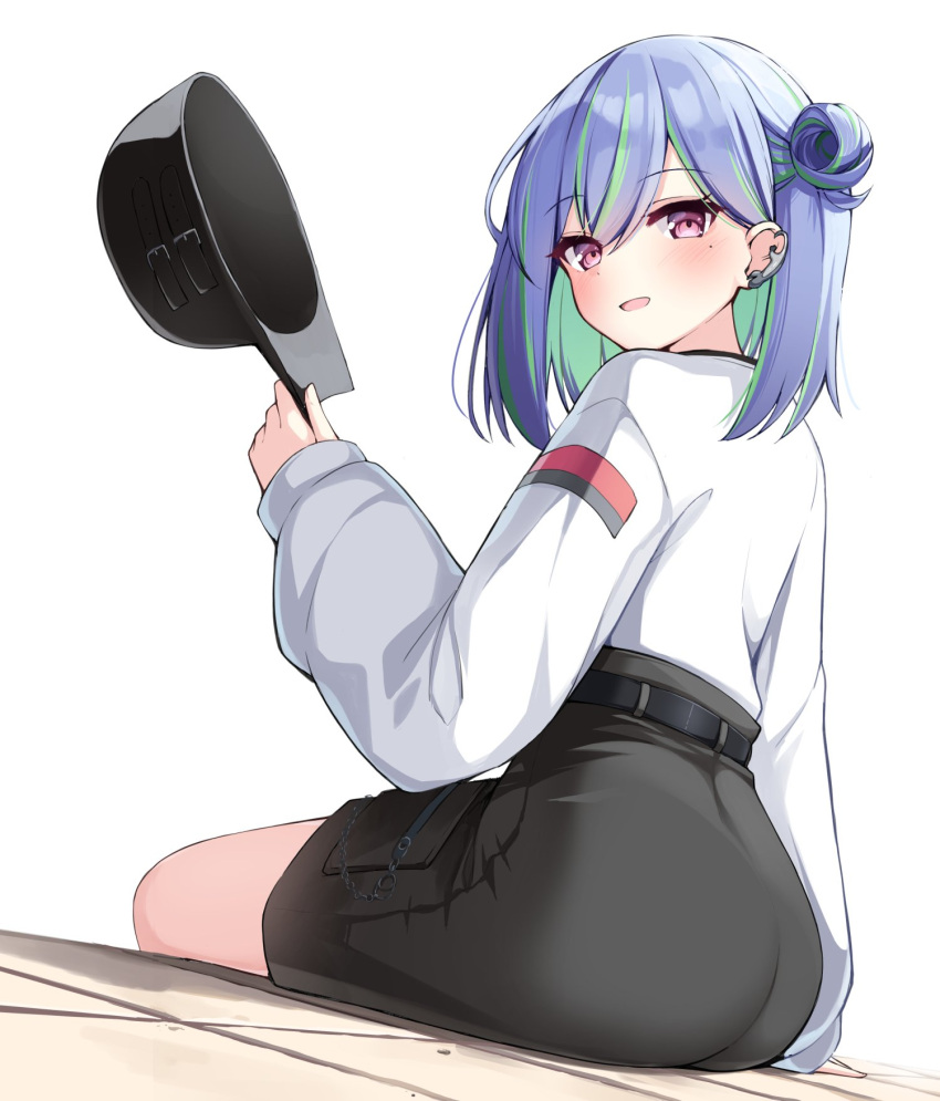 1girl :d ass black_hat black_skirt blue_hair blush commentary_request ear_piercing flat_cap green_hair hair_between_eyes hair_bun hat highres holding holding_clothes holding_hat long_sleeves looking_at_viewer looking_to_the_side mole mole_under_eye multicolored_hair nanashi_inc. ominaeshi_(takenoko) piercing puffy_long_sleeves puffy_sleeves purple_eyes shirt simple_background single_side_bun sitting skirt sleeves_past_wrists smile solo streaked_hair suzumi_nemo two-tone_hair unworn_hat unworn_headwear virtual_youtuber white_background white_shirt