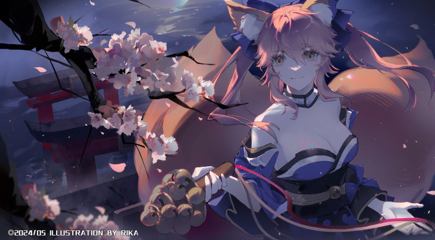 1girl animal_ear_fluff animal_ears blue_kimono blue_ribbon breasts cherry_blossoms cleavage closed_mouth commentary_request detached_collar detached_sleeves fate/extra fate/grand_order fate_(series) flower fox_ears fox_girl fox_tail hair_between_eyes hair_ribbon highres japanese_clothes kimono large_breasts long_hair multiple_tails off_shoulder pink_flower pink_hair reflection ribbon rk_rika sidelocks smile solo tail tamamo_(fate) tamamo_no_mae_(fate/extra) twintails twitter_username water wide_sleeves yellow_eyes