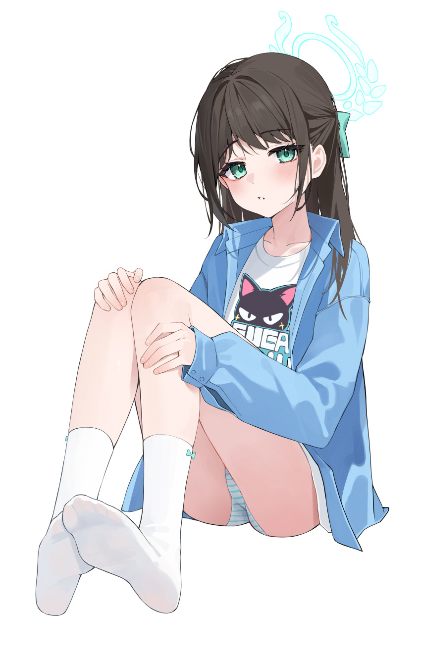 1girl absurdres airi_(band)_(blue_archive) airi_(blue_archive) aqua_bow aqua_panties blue_archive blue_jacket bow bow_legwear brown_hair collarbone english_text feet green_eyes hair_bow halo highres jacket knees_up legs long_sleeves looking_at_viewer medium_hair no_shoes open_clothes open_jacket panties parted_lips print_shirt shirt simple_background sitting skirt socks soles solo striped_clothes striped_panties t-shirt toes two-tone_panties underwear white_background white_panties white_skirt white_socks xiao_lin_jiu