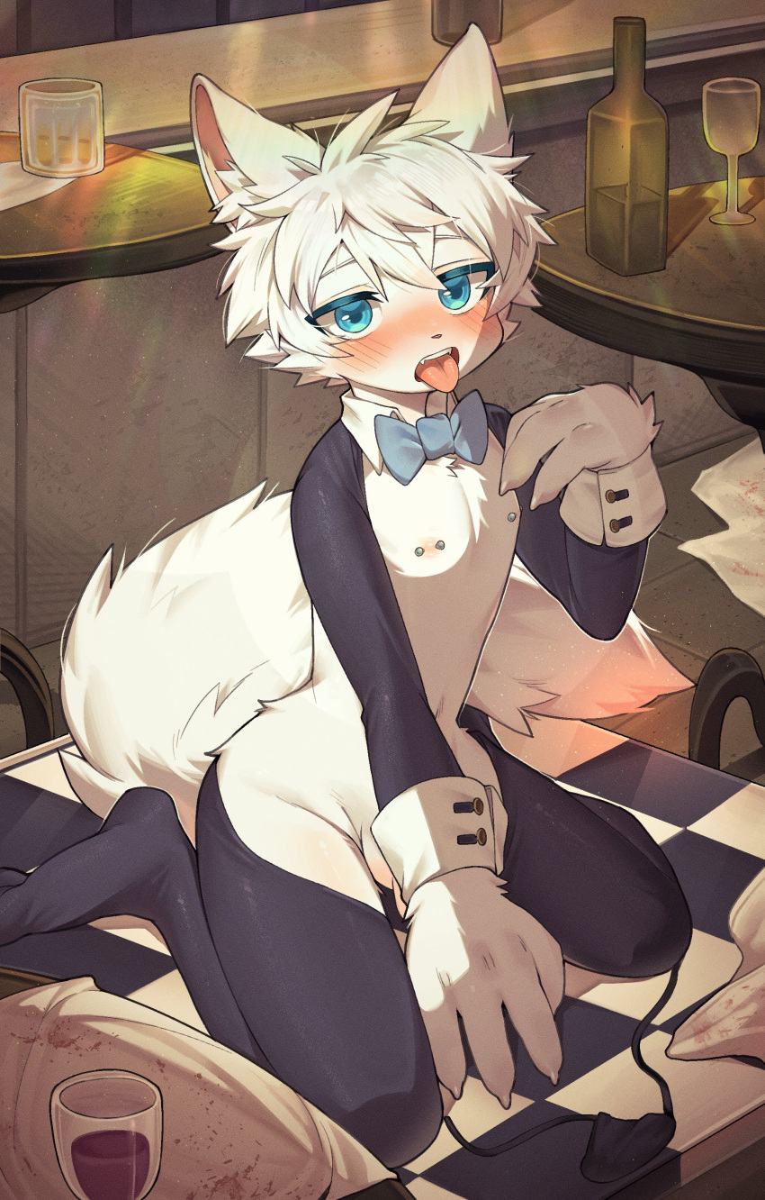 1boy absurdres alcohol androgynous animal_ear_fluff animal_nose bar_(place) blue_bow blue_bowtie blue_eyes blush bow bowtie crossdressing cup drinking_glass fangs fewer_digits furry furry_male glass_bottle highres korean_commentary male_focus nipple_piercing on_table open_mouth original otoko_no_ko penis piercing reverse_outfit short_hair solo sosak0622 table tablecloth tail tongue tongue_out unworn_bikini_bottom waiter white_hair wine wine_glass wolf_boy wolf_tail